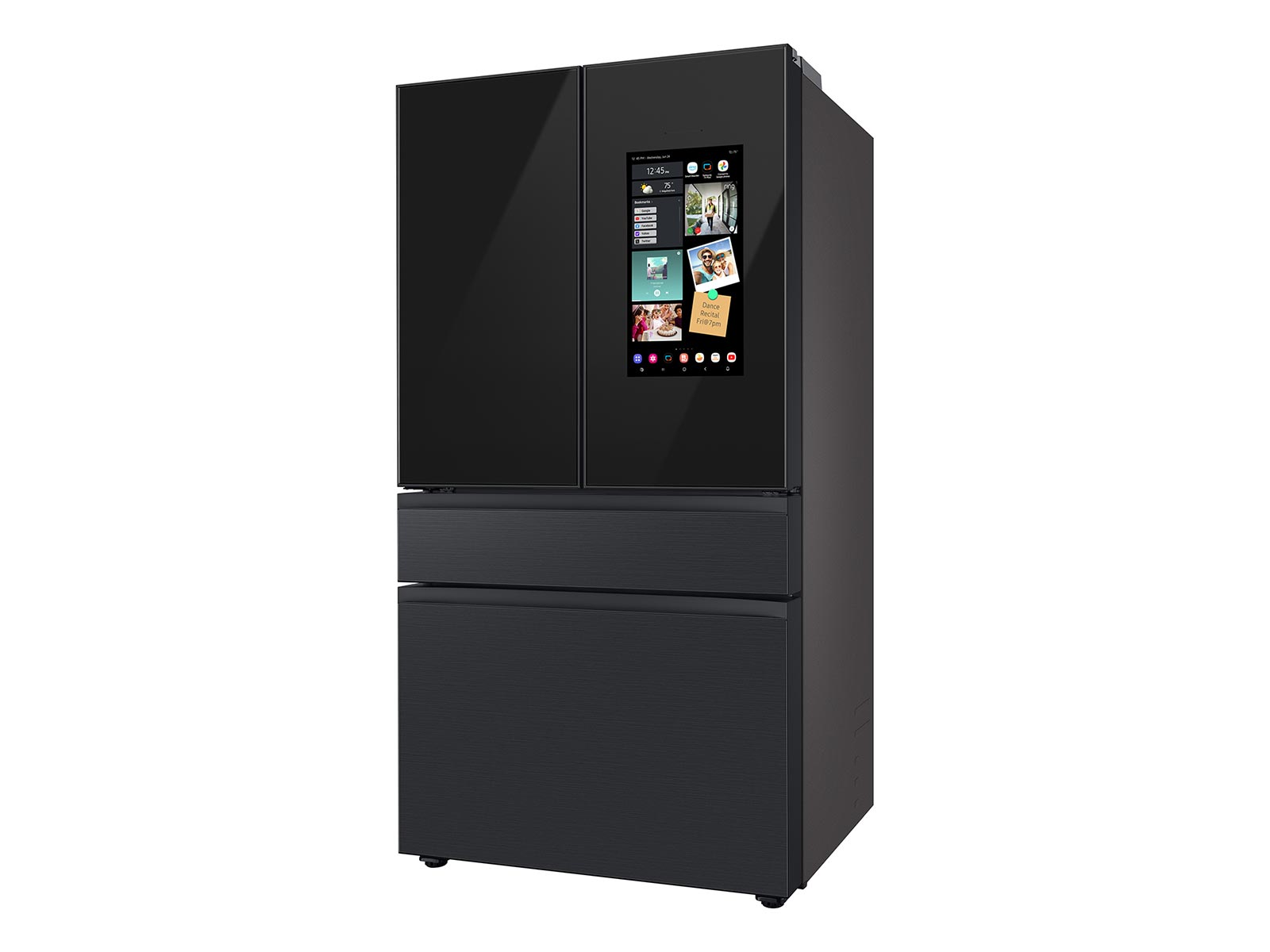 Thumbnail image of Bespoke 4-Door French Door Refrigerator (23 cu. ft.) – with Top Left and Family Hub™ Panel in Charcoal Glass - and Matte Black Steel Middle and Bottom Panels