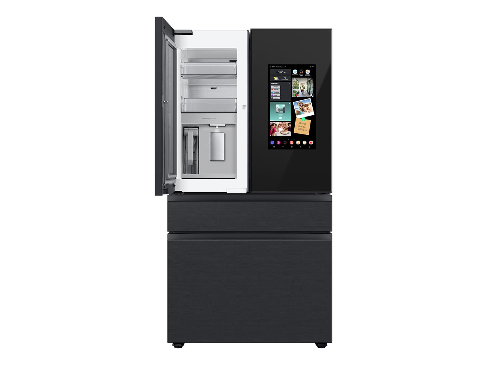 Thumbnail image of Bespoke 4-Door French Door Refrigerator (23 cu. ft.) – with Top Left and Family Hub™ Panel in Charcoal Glass - and Matte Black Steel Middle and Bottom Panels