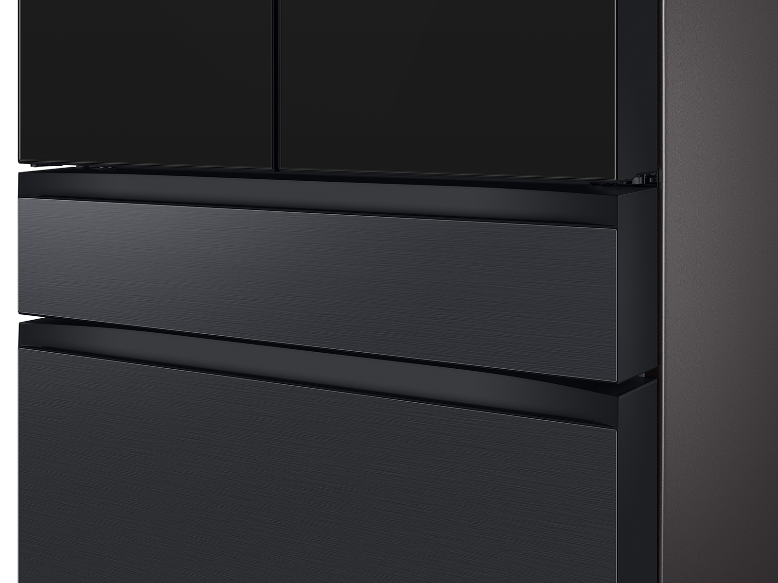 Thumbnail image of Bespoke 4-Door French Door Refrigerator (23 cu. ft.) – with Top Left and Family Hub™ Panel in Charcoal Glass - and Matte Black Steel Middle and Bottom Panels