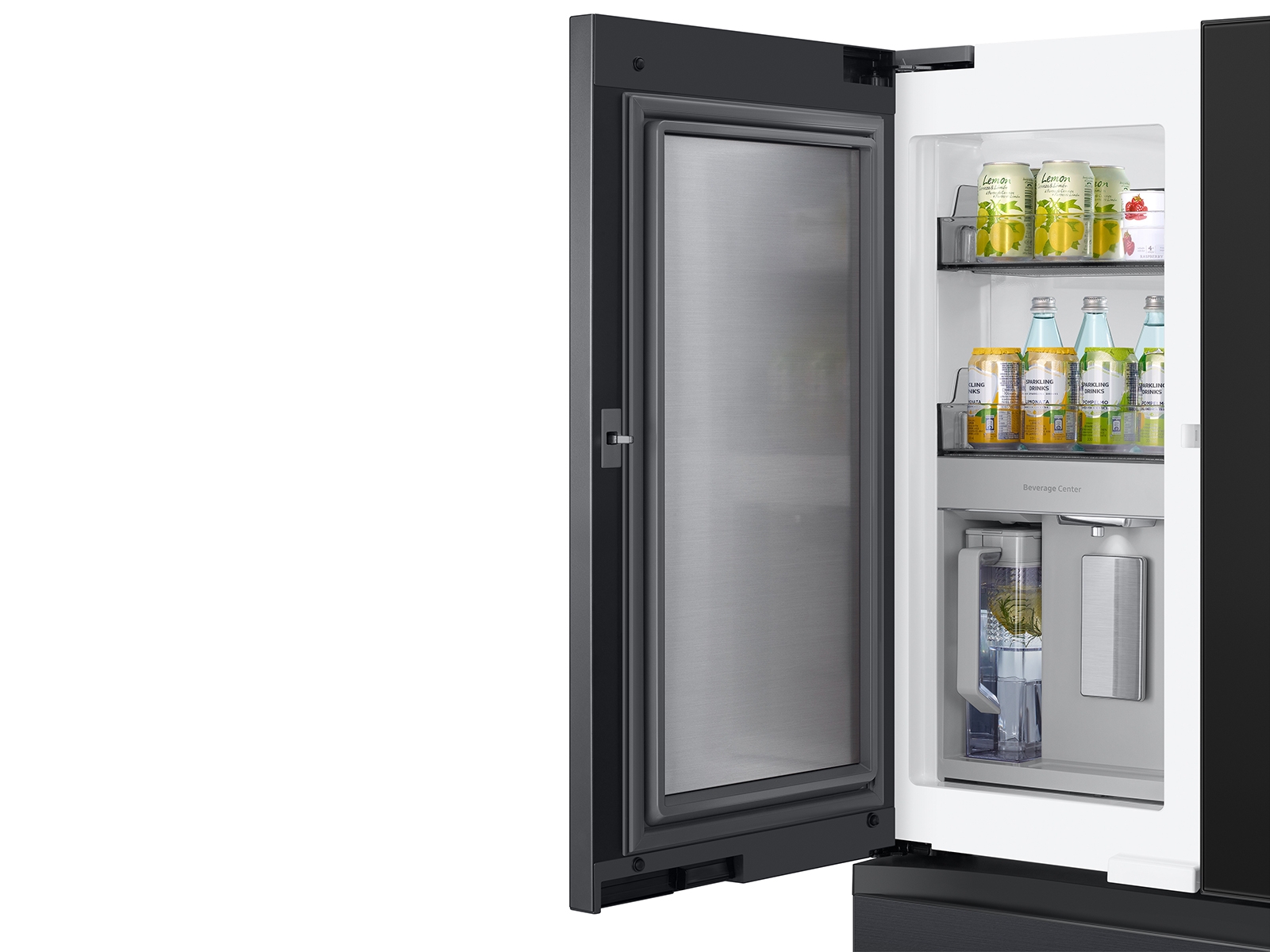 Thumbnail image of Bespoke 4-Door French Door Refrigerator (23 cu. ft.) – with Top Left and Family Hub™ Panel in Charcoal Glass - and Matte Black Steel Middle and Bottom Panels