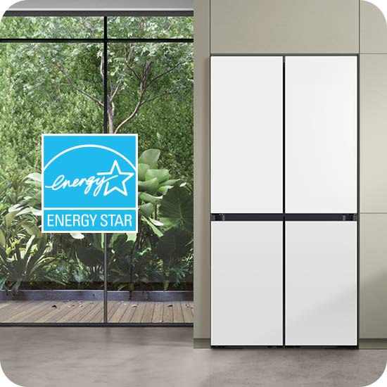 ENERGY STAR Certified logo next to Samsung Bespoke White Glass refrigerator ENERGY STAR Certified logo next to Samsung Bespoke White Glass refrigerator